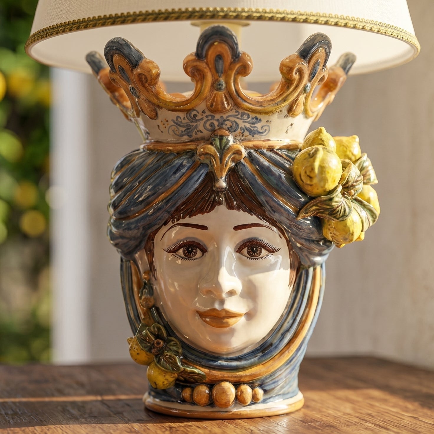 Lume a Testa con Limoni h 70 cm (ceramica h 40 cm, Paralume in Tessuto Ø 45 cm) — Donna, Blu e Arancio