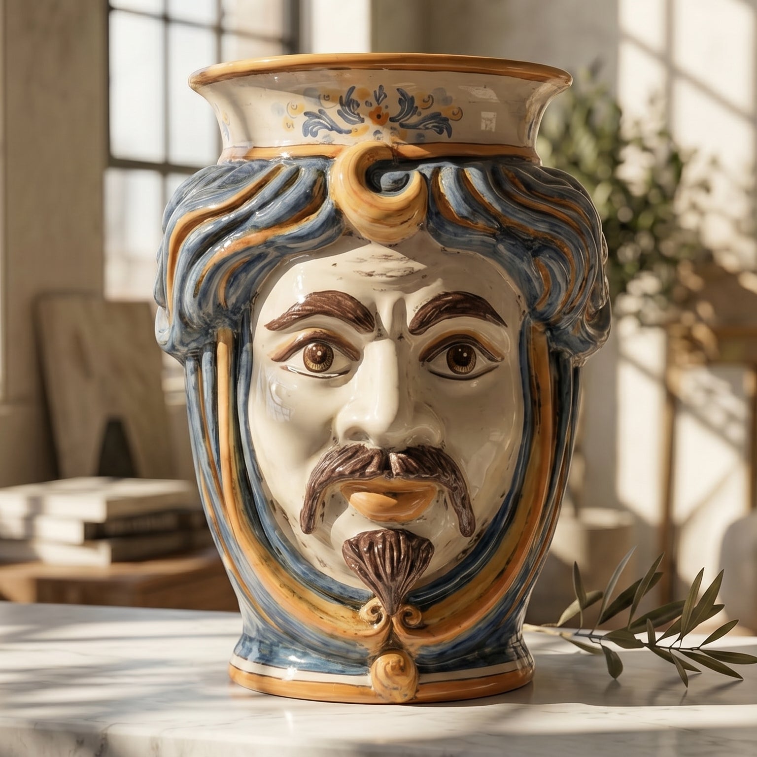 Testa di Moro con Corona h 33 cm — Maschio Bianco, Blu e Arancio