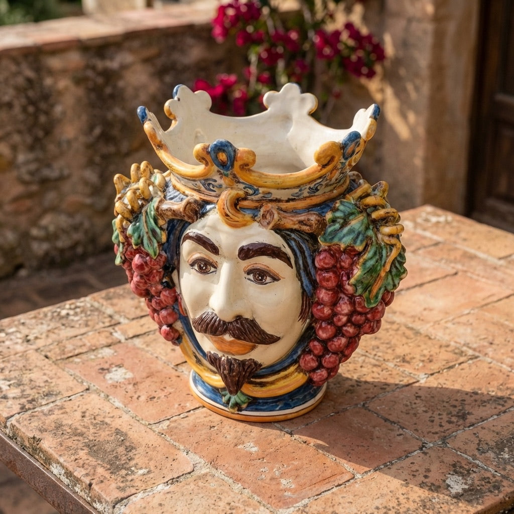 Testa di Moro con Uva h 25 cm — Maschio Bianco, Blu e Arancio