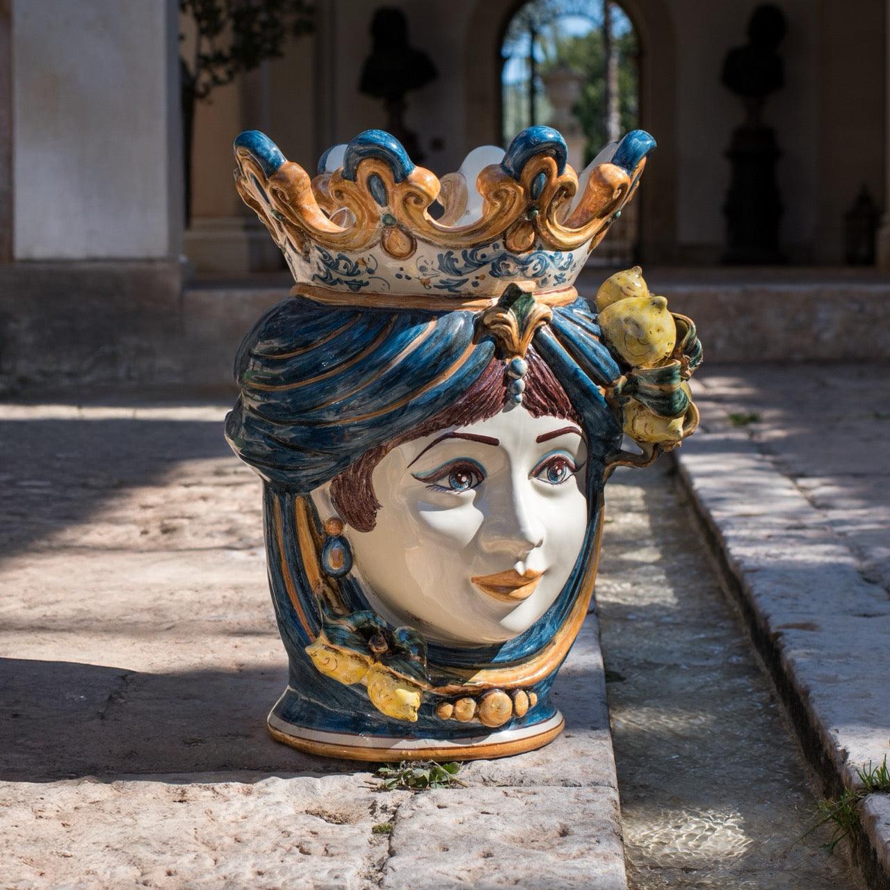 testa-h-40-limoni-blu-e-arancio-femmina-ceramiche-di-caltagirone-sofia-67958 - Moorish Head
