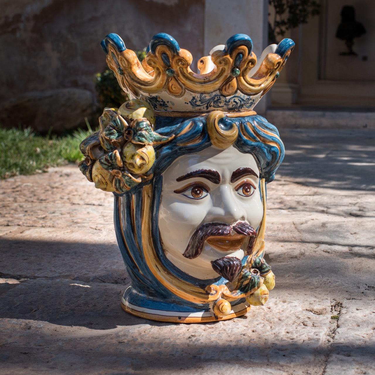 testa-h-40-limoni-blu-e-arancio-maschio-bianco-ceramiche-di-caltagirone-sofia-33979 - Moorish Head