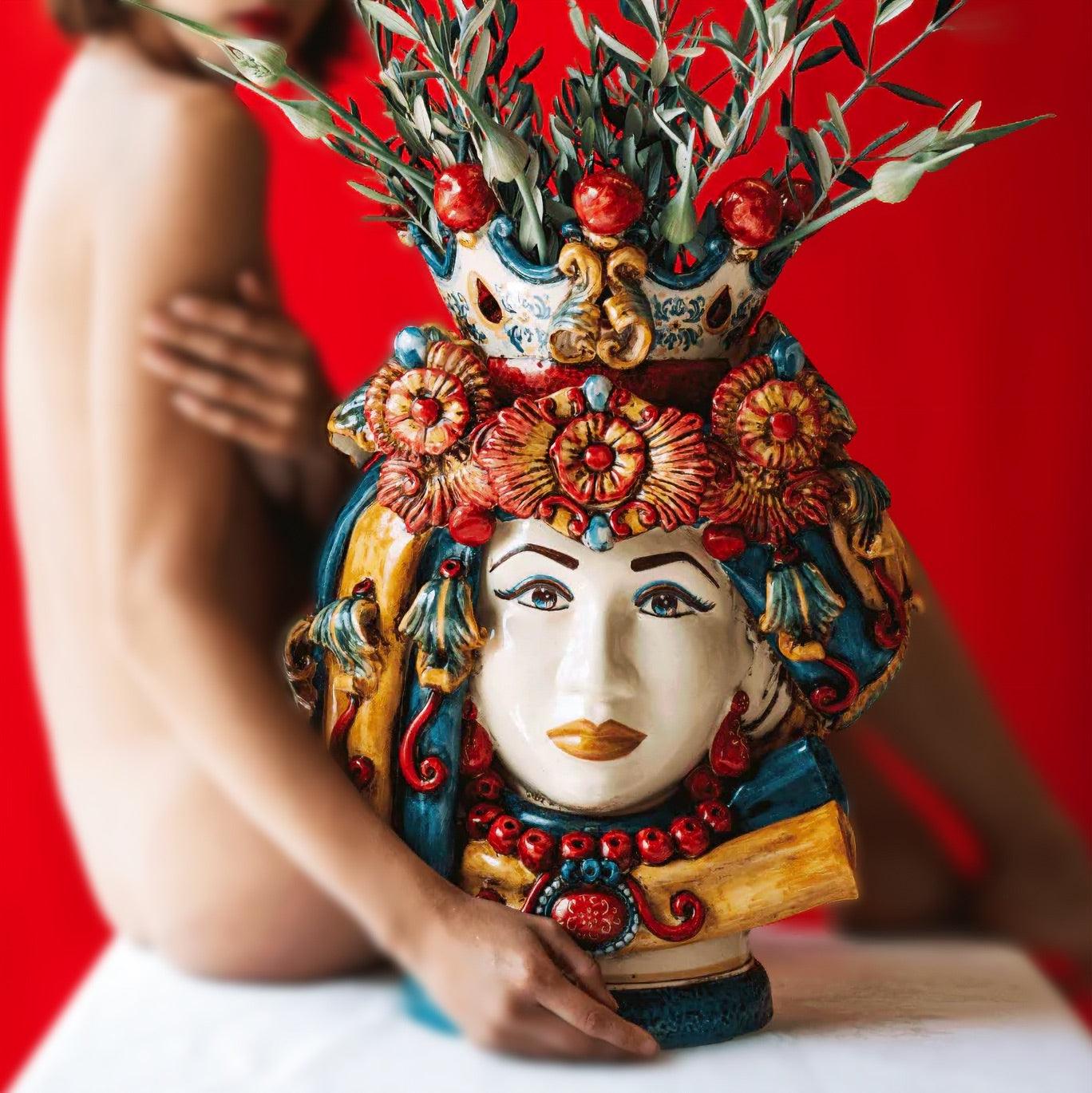 Handcrafted Sicilian ceramic female Testa di Moro vase with floral crown and vibrant colors