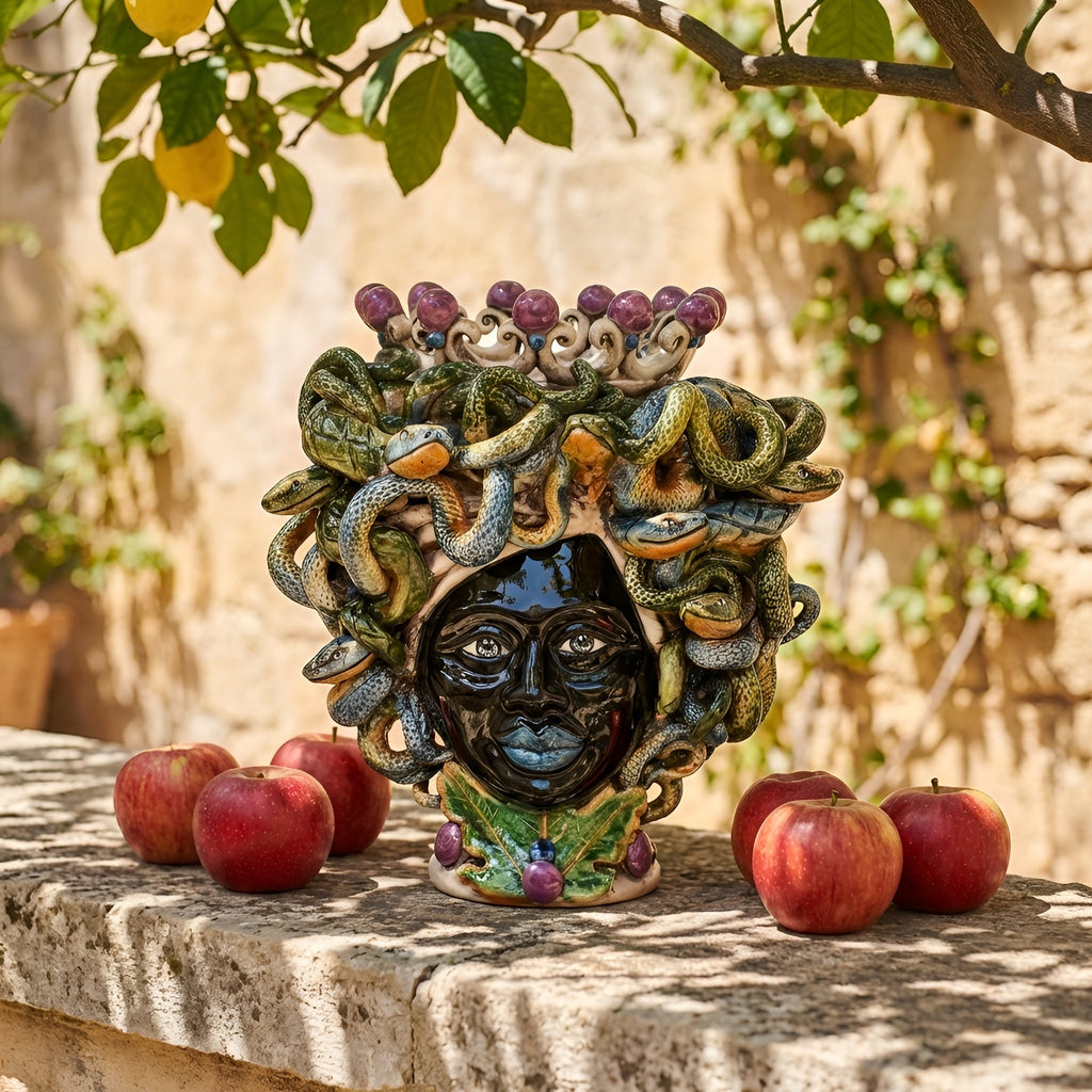 Testa Medusa, Lustro Glicine, chioma di serpenti, gorgone. Ceramica siciliana di Caltagirone, Sofia