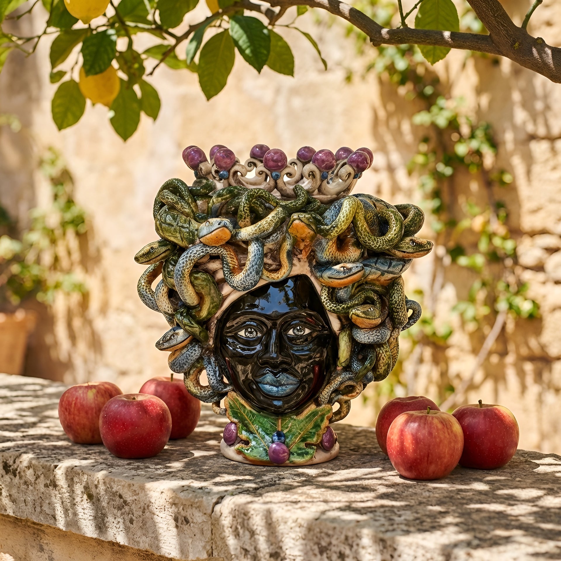 Testa Medusa, Lustro Glicine, chioma di serpenti, gorgone. Ceramica siciliana di Caltagirone, Sofia