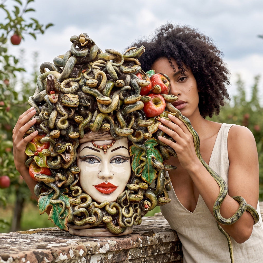 Testa Medusa h 50 cm - con Mele, Madreperla Antichizzato | Ceramica Caltagirone