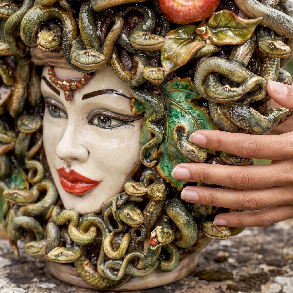 Testa Medusa h 50 cm - con Mele, Madreperla Antichizzato | Ceramica Caltagirone