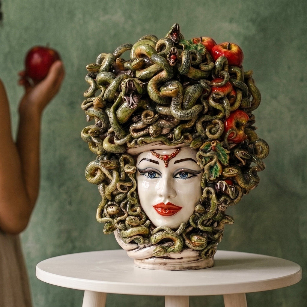 Testa Medusa h 50 cm - con Mele, Madreperla Antichizzato | Ceramica Caltagirone