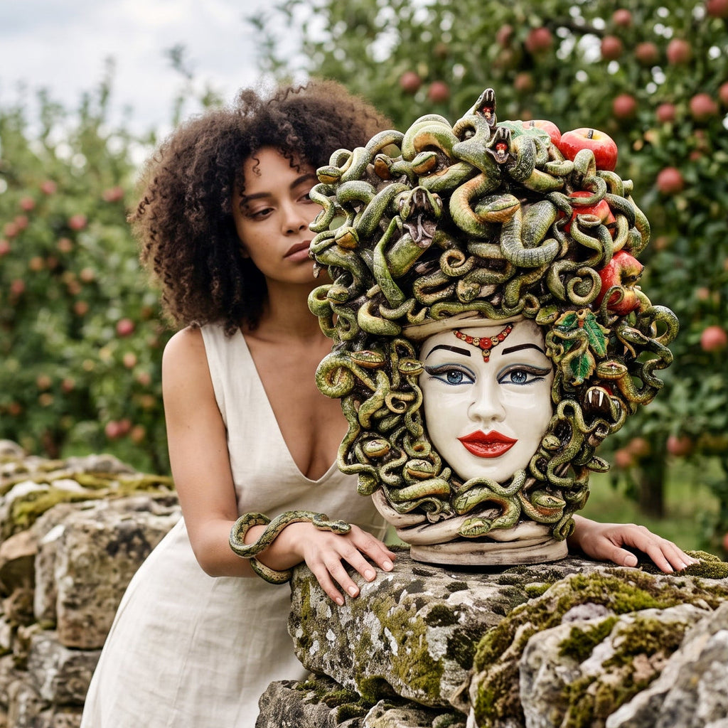 Testa Medusa h 50 cm - con Mele, Madreperla Antichizzato | Ceramica Caltagirone