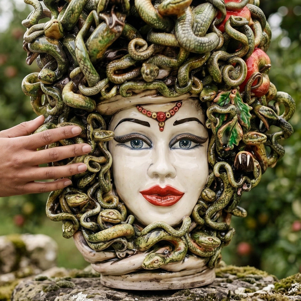 Testa Medusa h 50 cm - con Mele, Madreperla Antichizzato | Ceramica Caltagirone