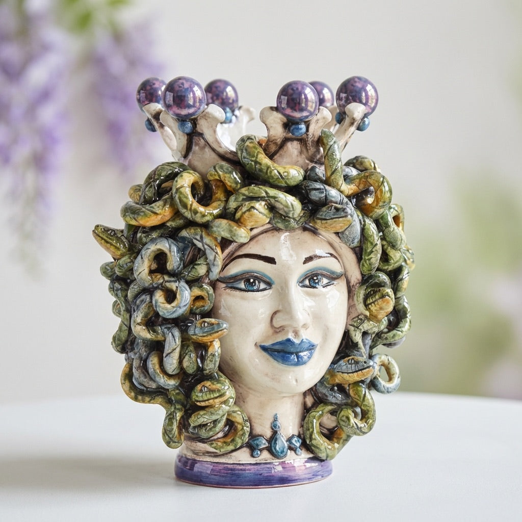Handmade Medusa ceramic sculpture with snake hair and purple crown, unique decorative art piece