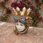 Testa di Moro con Melograni, Donna, Blu e Arancio. Ceramiche Sofia, Caltagirone