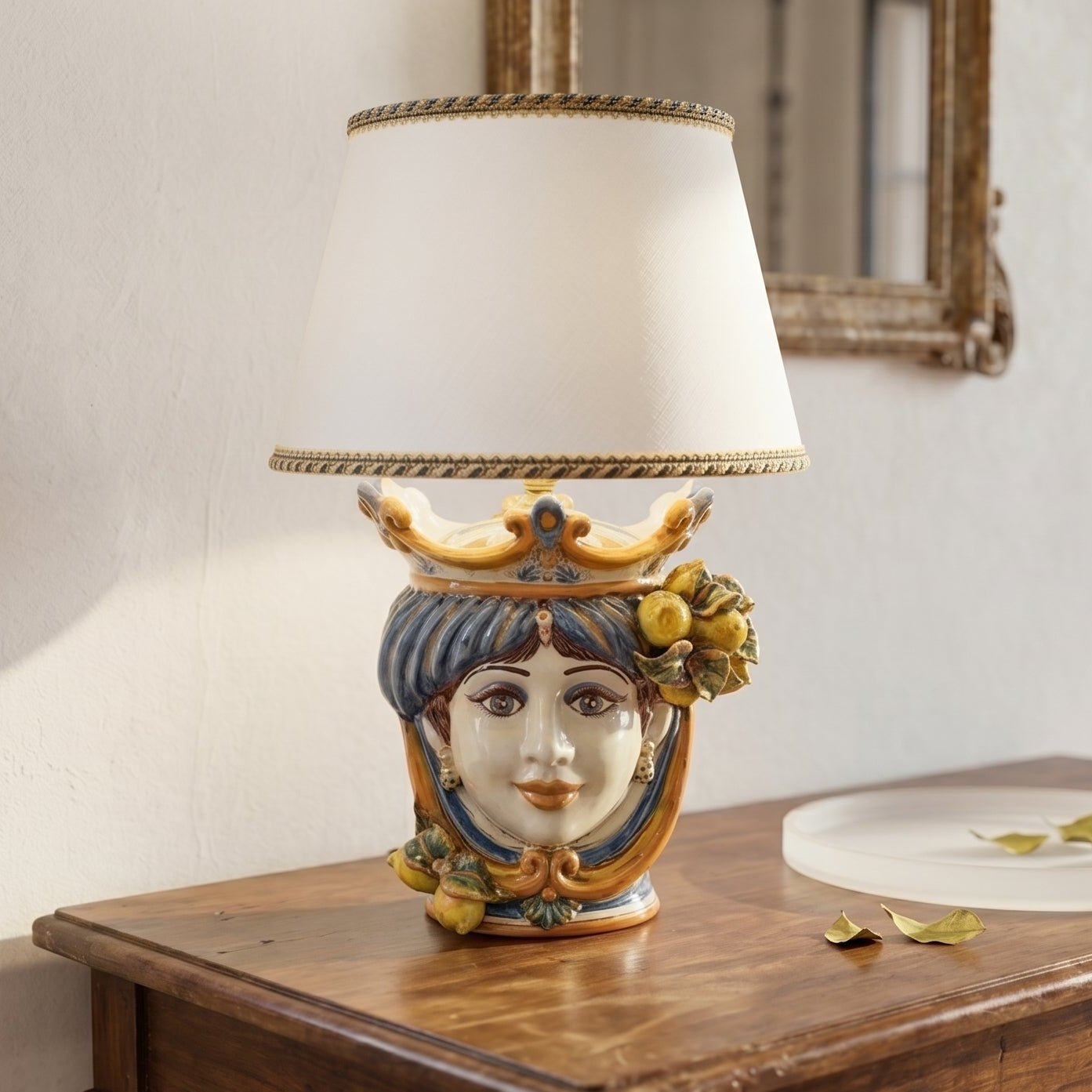 Handmade ceramic Teste di Moro table lamp with crown and fruit details, modern traditional design
