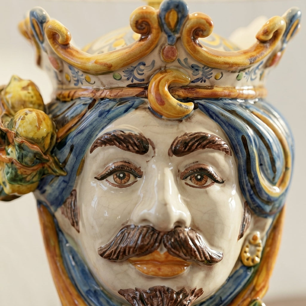 Handmade Sicilian Testa di Moro ceramic vase with crown, blue hair, and expressive face, blending tradition and modern design.