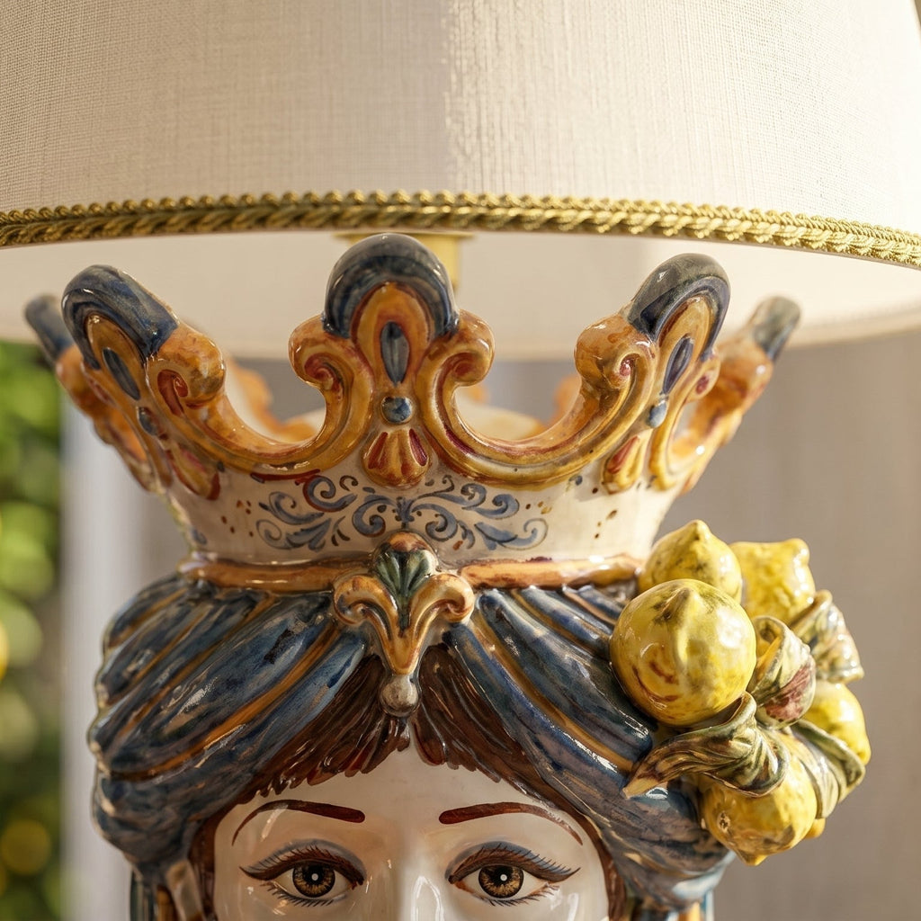 Handcrafted Teste di Moro lamp with crown and lemons, blending Sicilian tradition and modern design