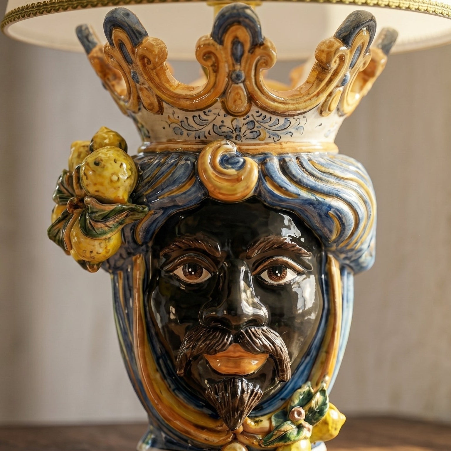 Handcrafted Teste di Moro lamp with crown, lemons, and vibrant Sicilian ceramic design