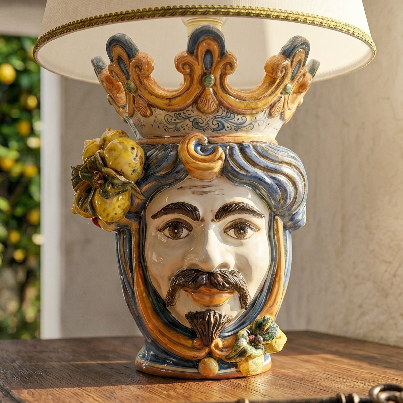 Handmade Sicilian Testa di Moro lamp with crown, citrus details, and vibrant ceramic design for home decor