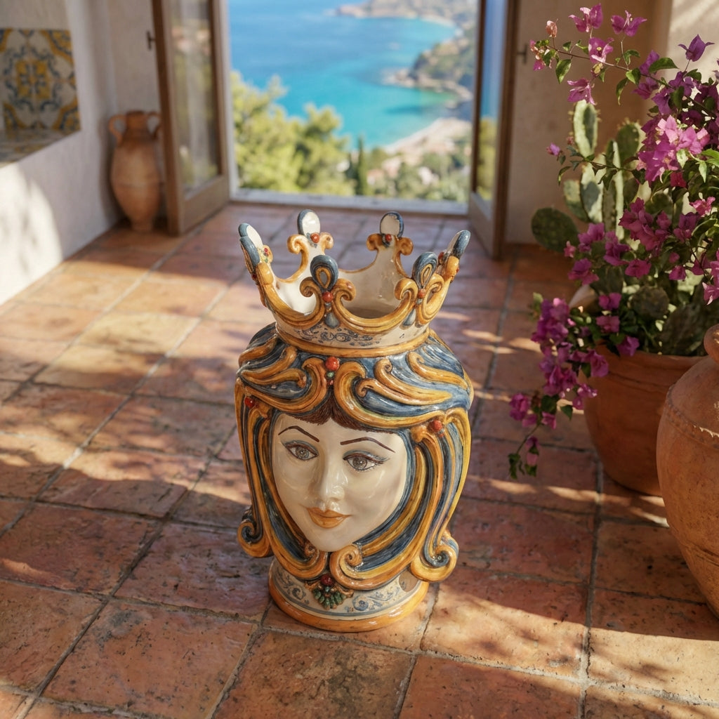 Handmade Sicilian Majolica Testa di Moro with crown, vibrant colors, on terrace overlooking sea