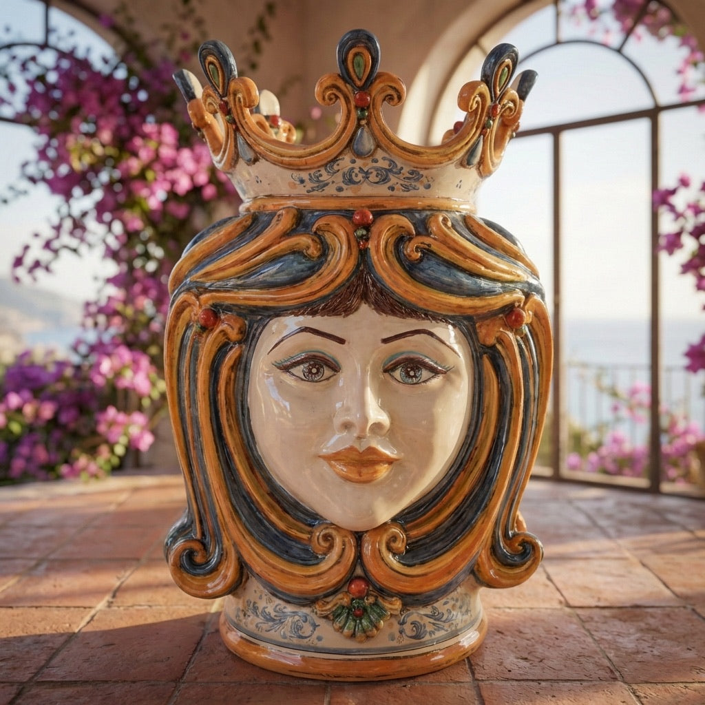 Handmade ceramic Teste di Moro with crown, ornate details, set on terrace with purple flowers and sea view