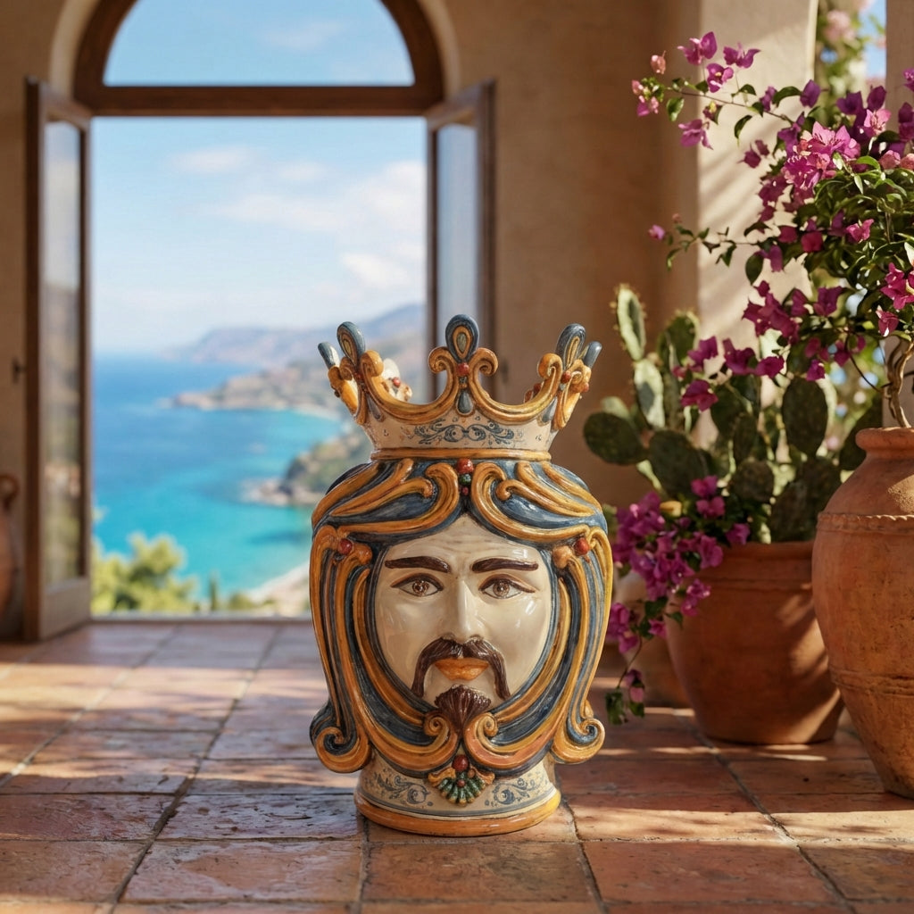 Handmade Teste di Moro ceramic vase with crown, coastal view backdrop, Mediterranean decor style