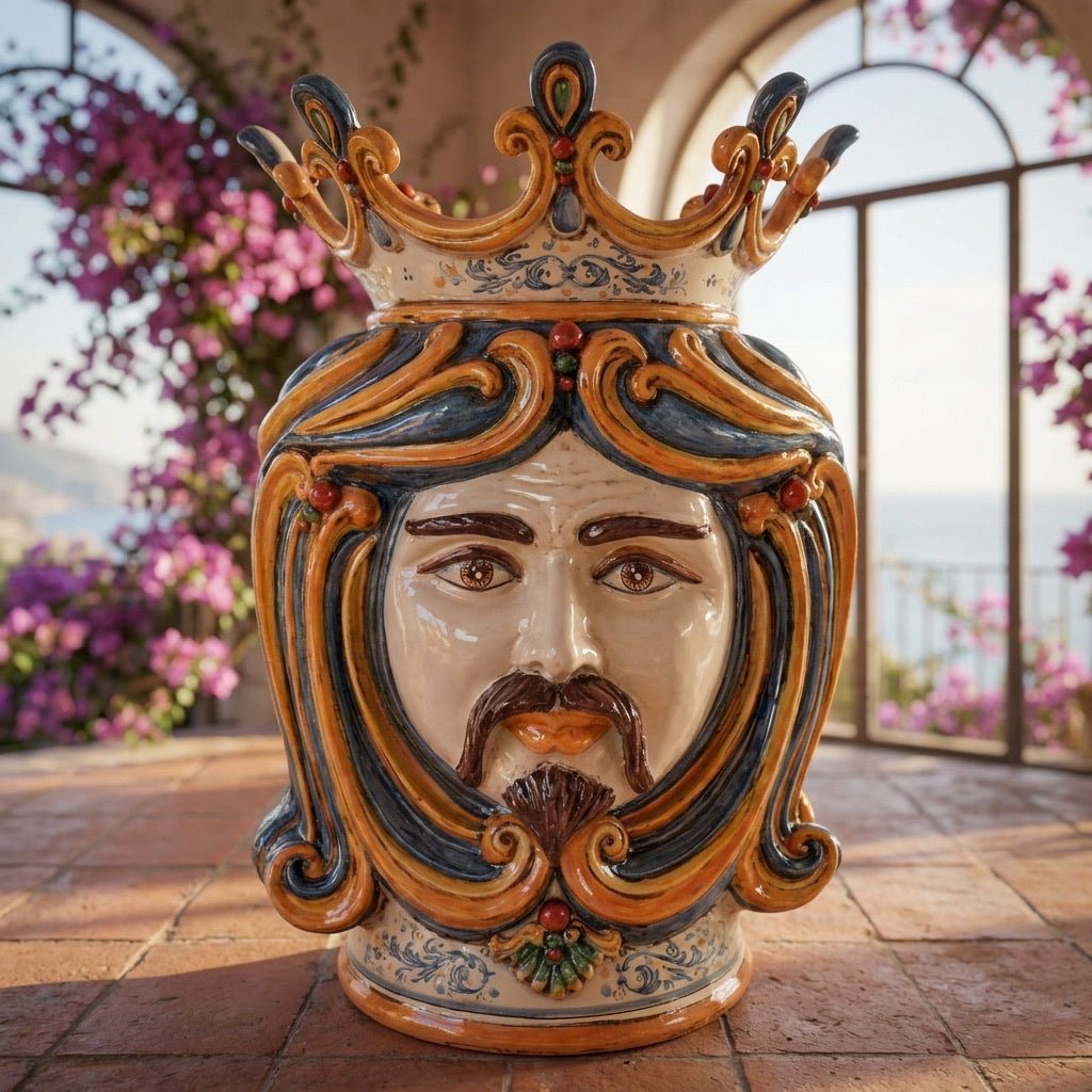 Handcrafted Teste di Moro ceramic vase with crown, vibrant colors, set on terrace with flowers