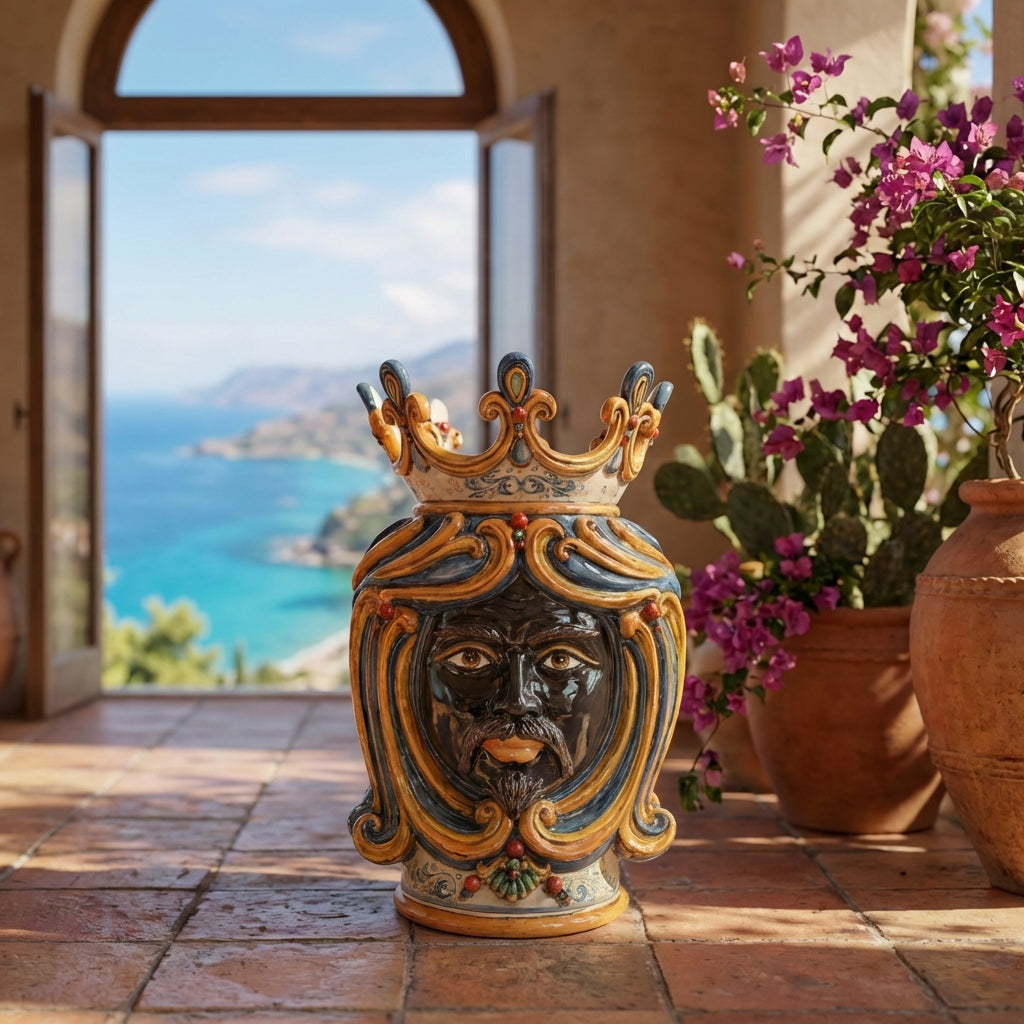 Handcrafted Teste di Moro vase with crown, set against coastal view and vibrant flowers