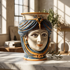 Handcrafted Teste di Moro vase with blue and gold detailing, showcasing traditional Sicilian artistry on marble surface.