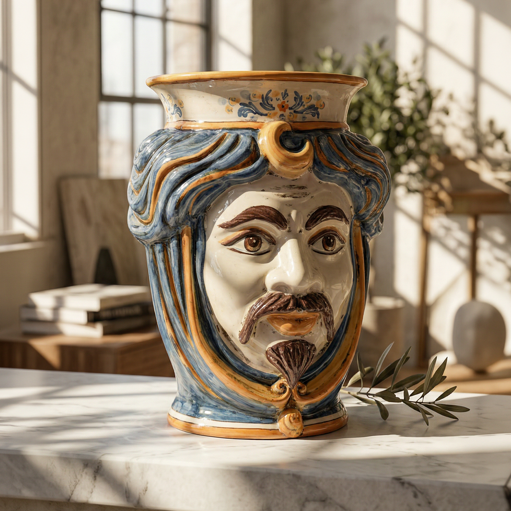 Handmade Teste di Moro vase with blue and gold swirls, featuring a detailed face, perfect for modern home decor.