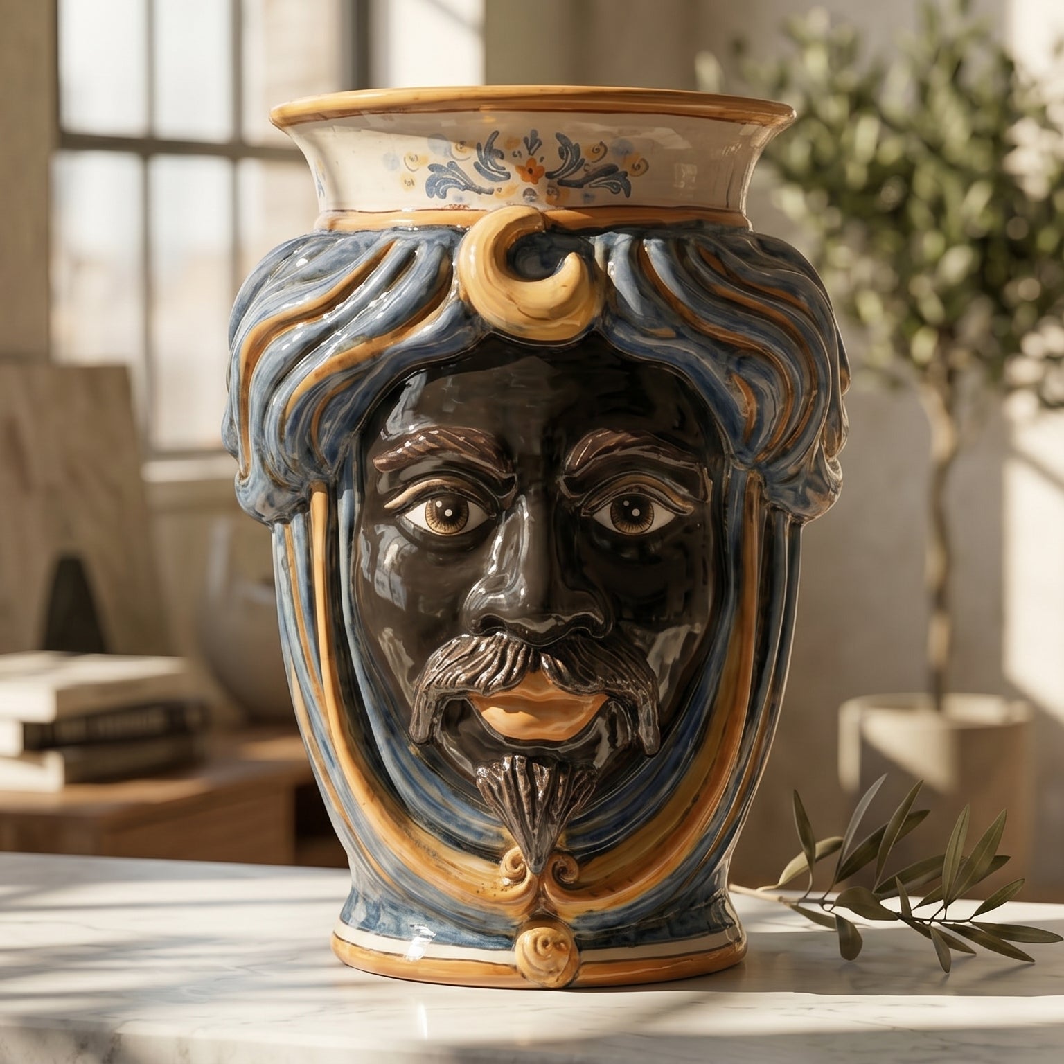 Handcrafted Teste di Moro ceramic vase with blue and gold swirls, featuring a detailed face and traditional Sicilian design.