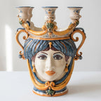 Handcrafted Teste di Moro ceramic vase with ornate crown and vibrant blue and orange details