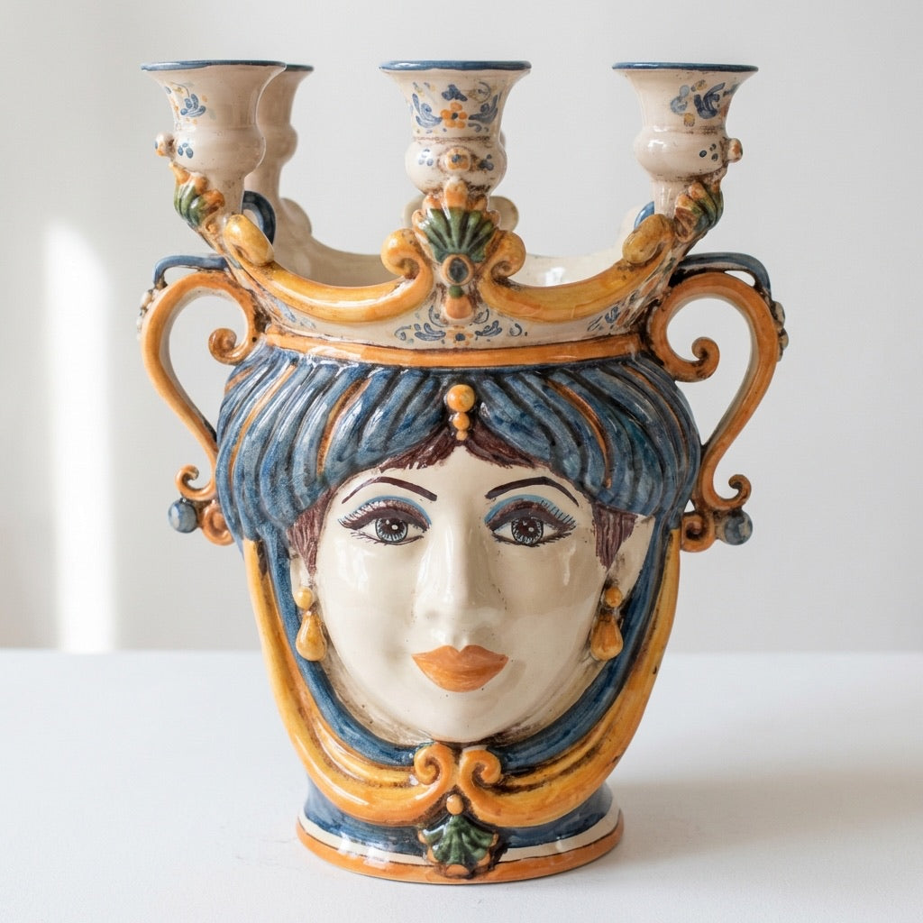 Handcrafted Teste di Moro ceramic vase with ornate crown and vibrant blue and orange details
