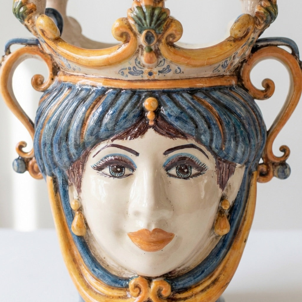 Handcrafted Teste di Moro ceramic vase with ornate crown, blue hair, and detailed facial features, blending tradition and modern design.