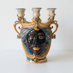 Handmade Sicilian Testa di Moro ceramic vase with three candle holders, blue and gold glaze, traditional design