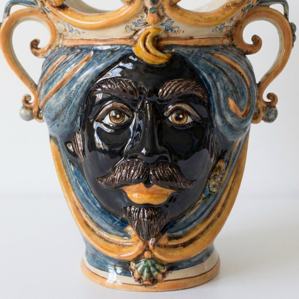 Handcrafted Teste di Moro ceramic vase with bold black face, blue swirls, and ornate handles, blending tradition and modern design.