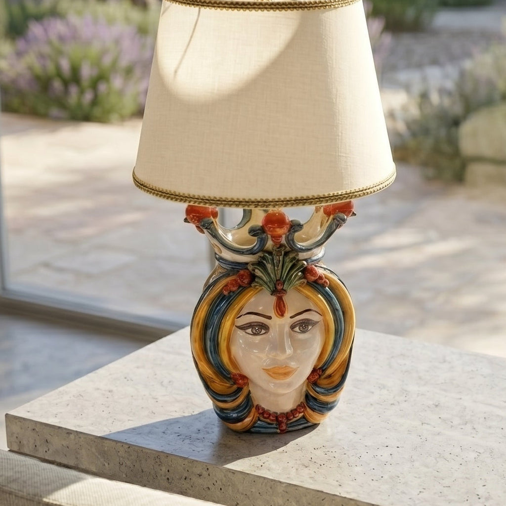 Handmade Sicilian Testa di Moro table lamp with colorful ceramic face, perfect for modern or traditional decor