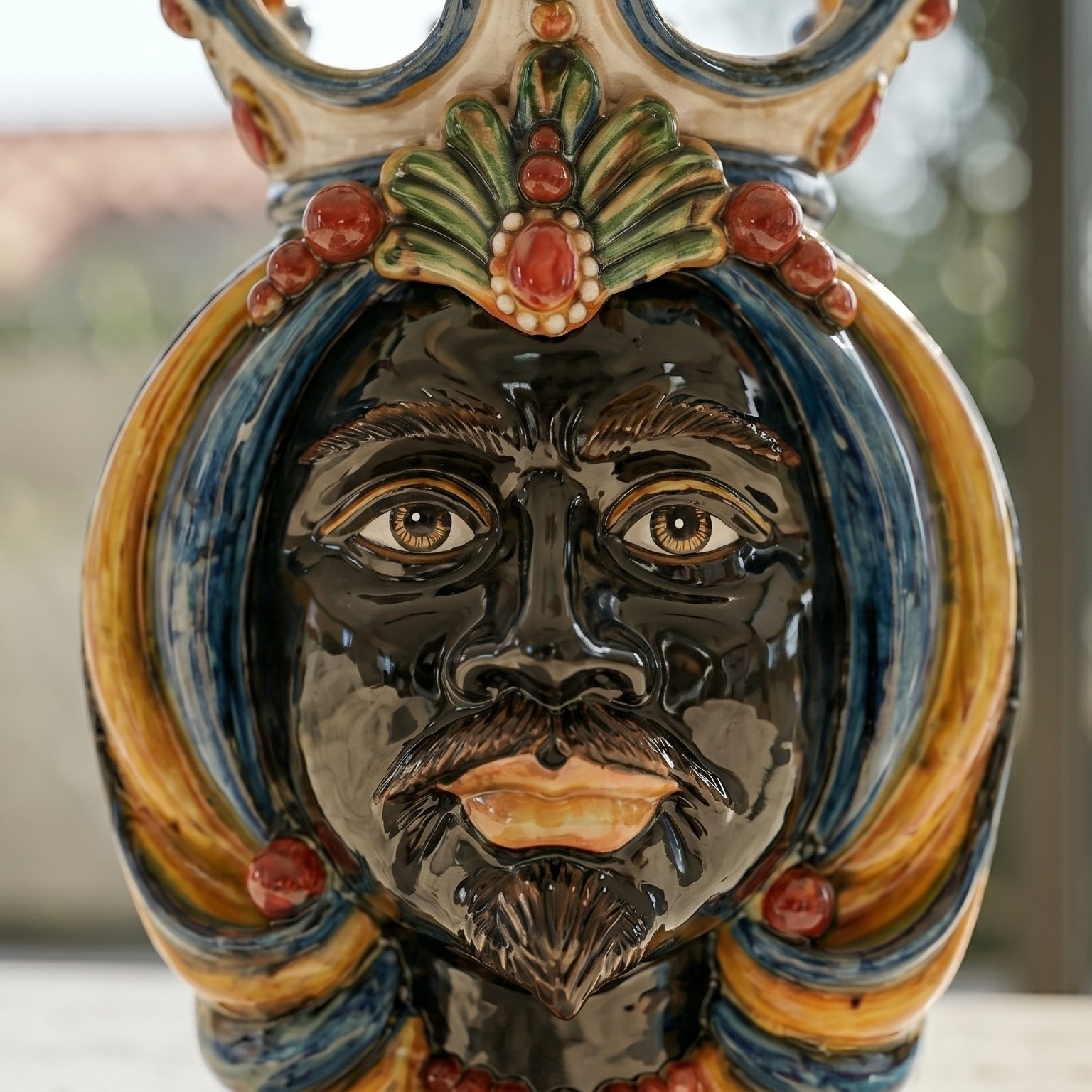 Handcrafted Teste di Moro ceramic vase with vibrant colors and detailed facial features, blending tradition and modern design.