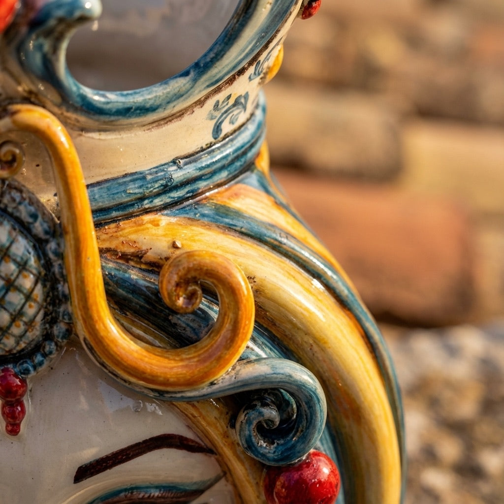 Handcrafted Teste di Moro ceramic with vibrant blue, yellow, and red swirls, showcasing traditional Sicilian artistry.