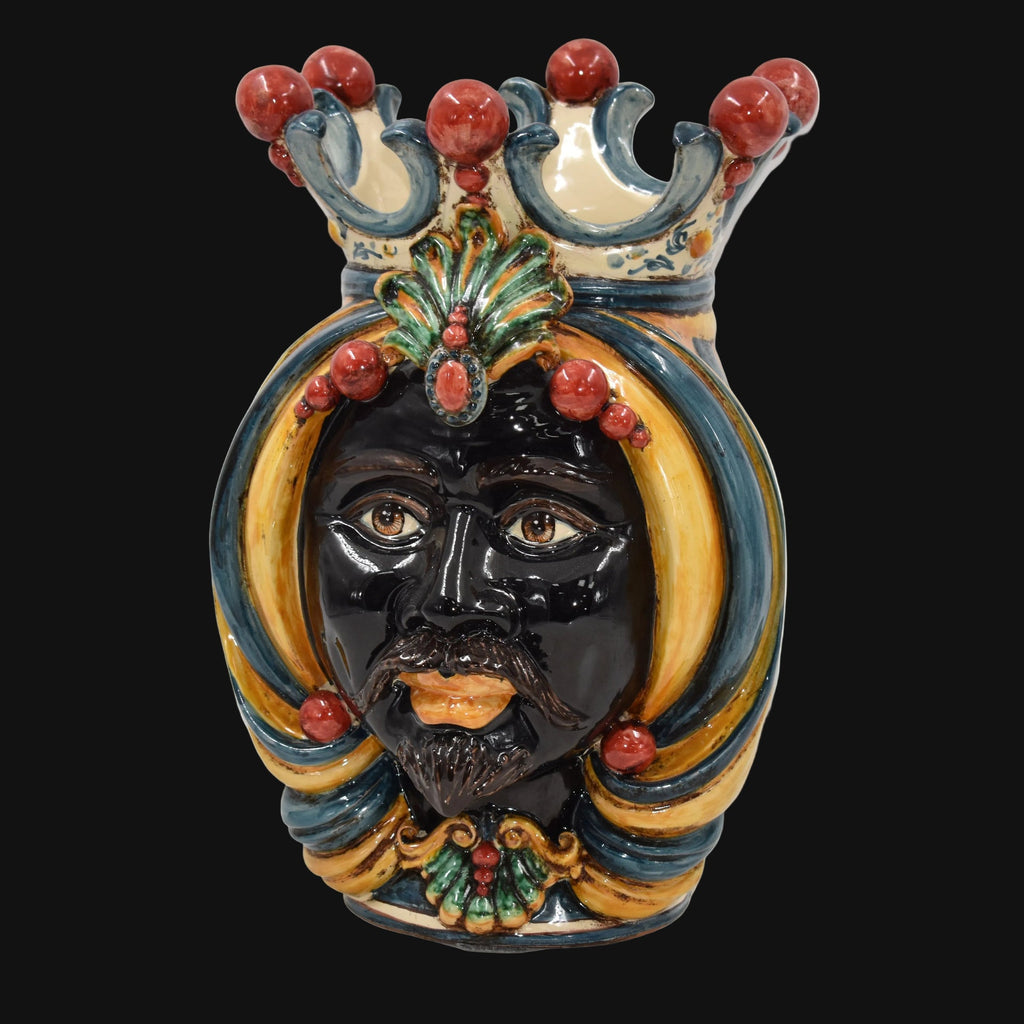 Handmade Sicilian Testa di Moro ceramic vase with crown, vibrant colors, and traditional design
