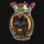 Handmade Sicilian Testa di Moro ceramic vase with crown, vibrant colors, and traditional design