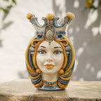 Handmade Teste di Moro ceramic vase with crown, blue and gold swirls, perfect for modern home decor
