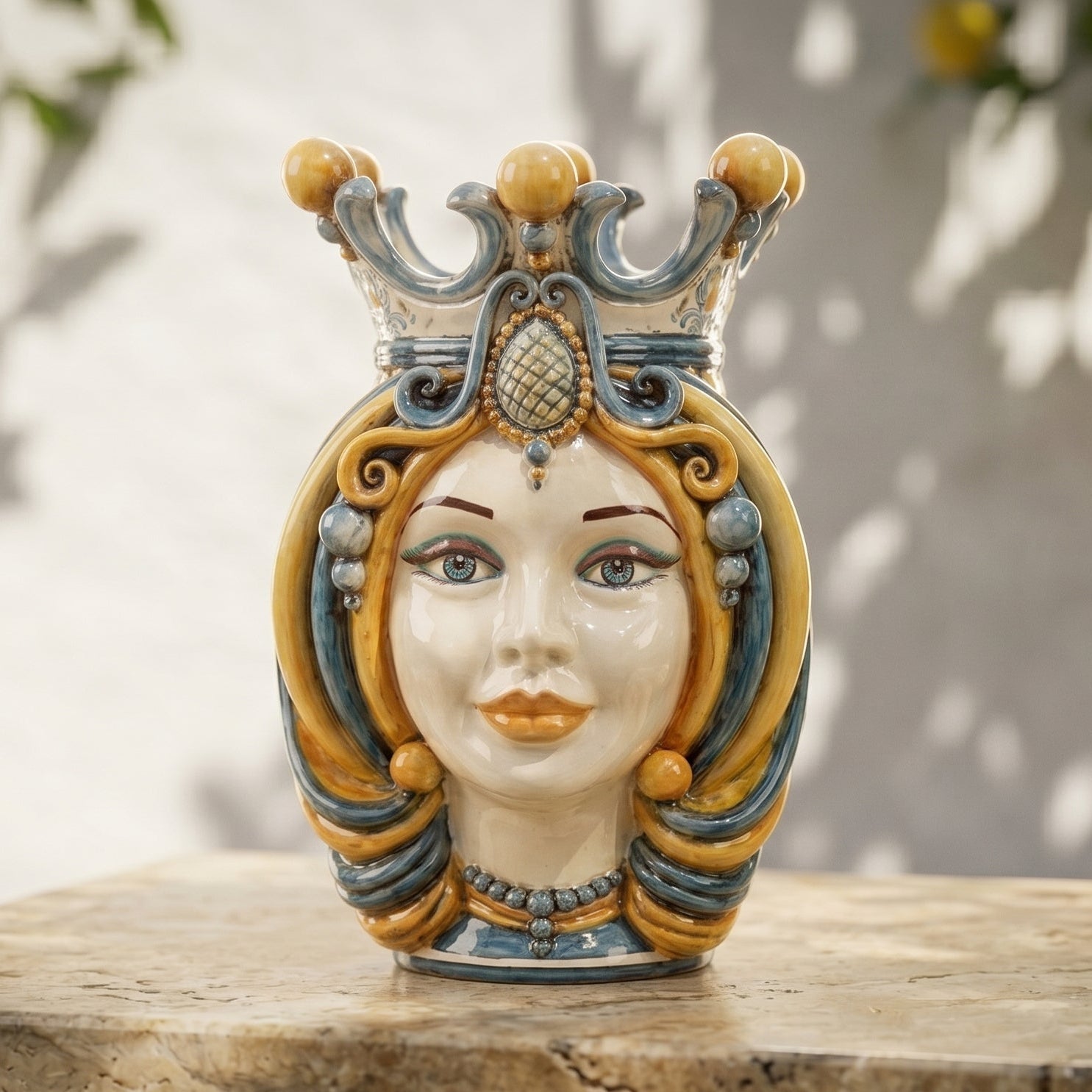 Handmade Teste di Moro ceramic vase with crown, blue and gold swirls, perfect for modern home decor