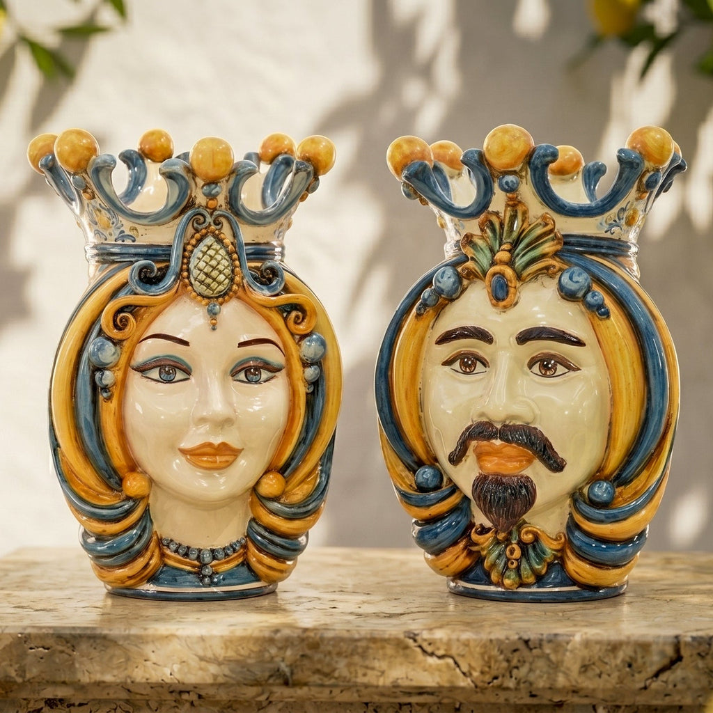Handmade Teste di Moro ceramic vases, male and female faces with ornate crowns, blue and gold detailing, traditional Sicilian decor