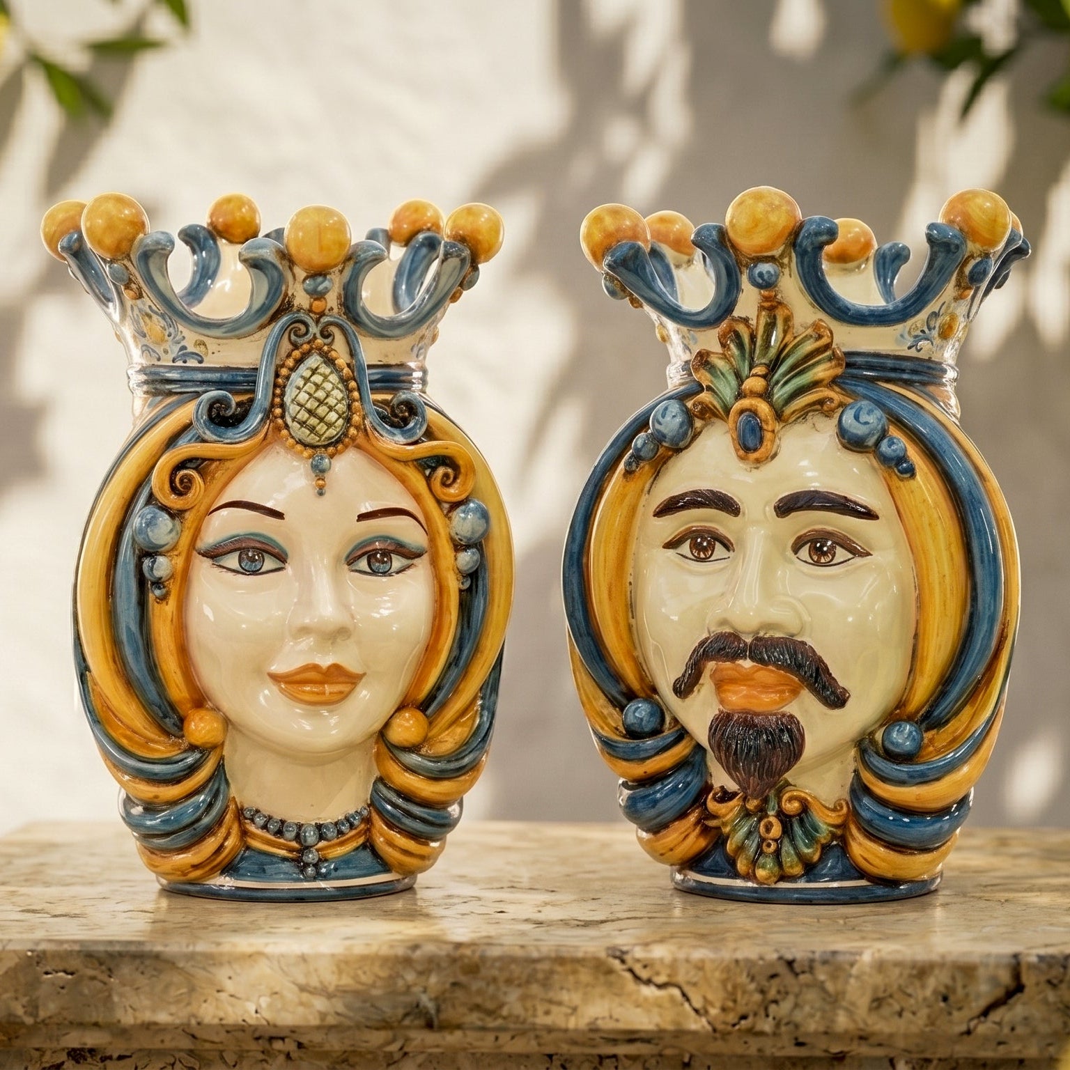 Handmade Teste di Moro ceramic vases, male and female faces with ornate crowns, blue and gold detailing, traditional Sicilian decor