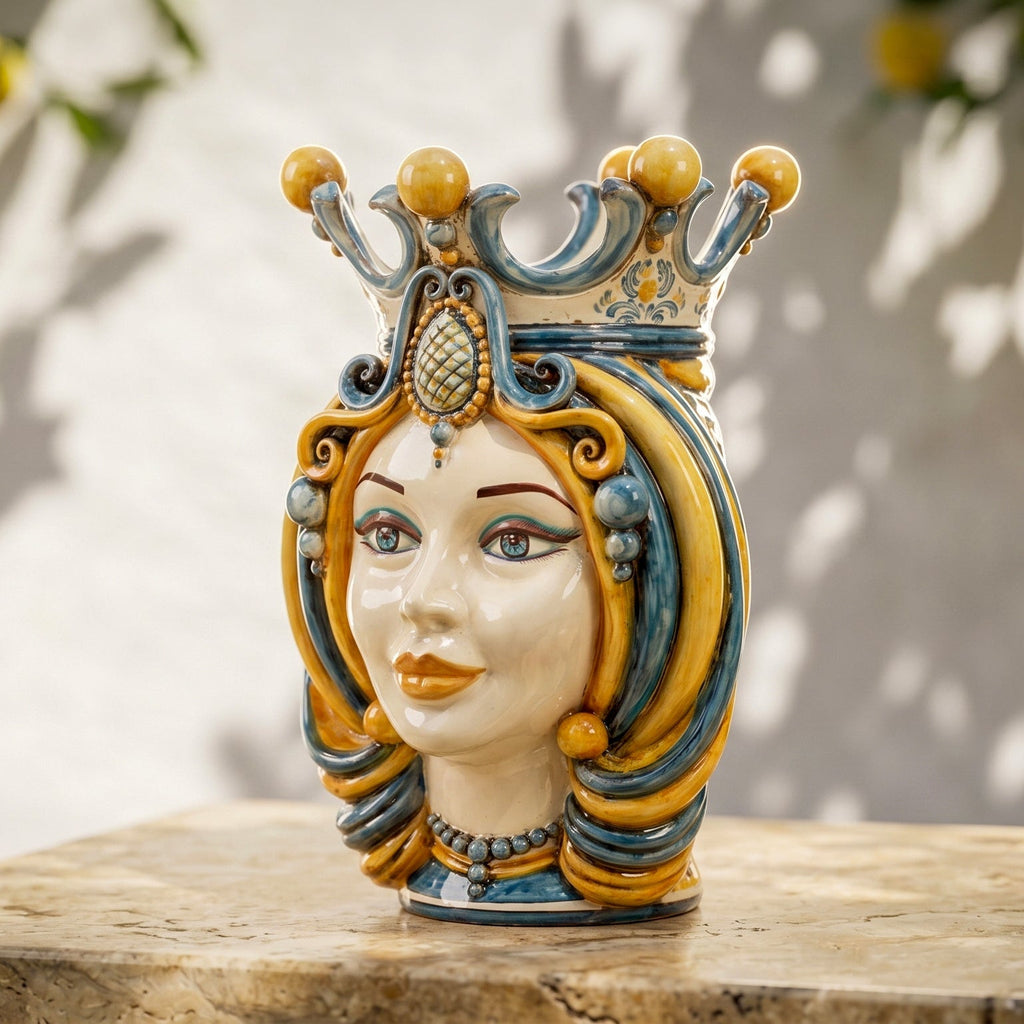 Handmade Teste di Moro ceramic vase with crown, blue and gold swirls, traditional Sicilian design