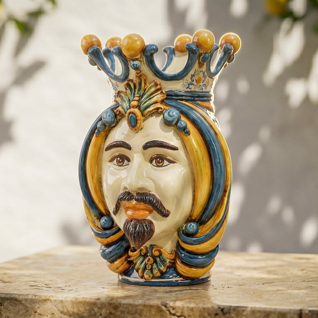 Handmade Teste di Moro ceramic vase with crown, vibrant blue and gold details, traditional Sicilian design