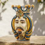 Handmade Teste di Moro ceramic vase with crown, vibrant blue and gold details, traditional Sicilian design