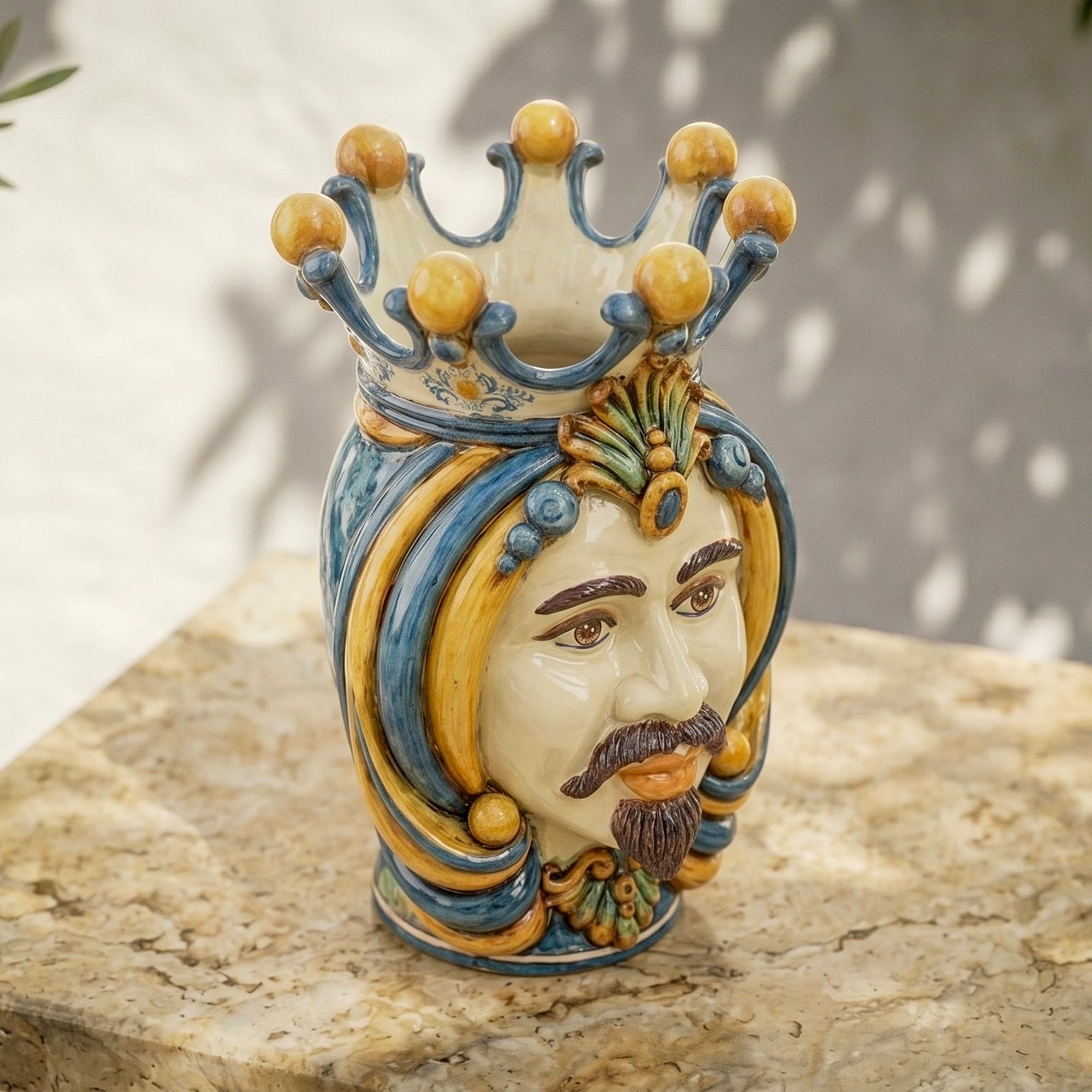 Handcrafted Teste di Moro vase with crown, blue and gold ceramic, traditional Sicilian design for home decor