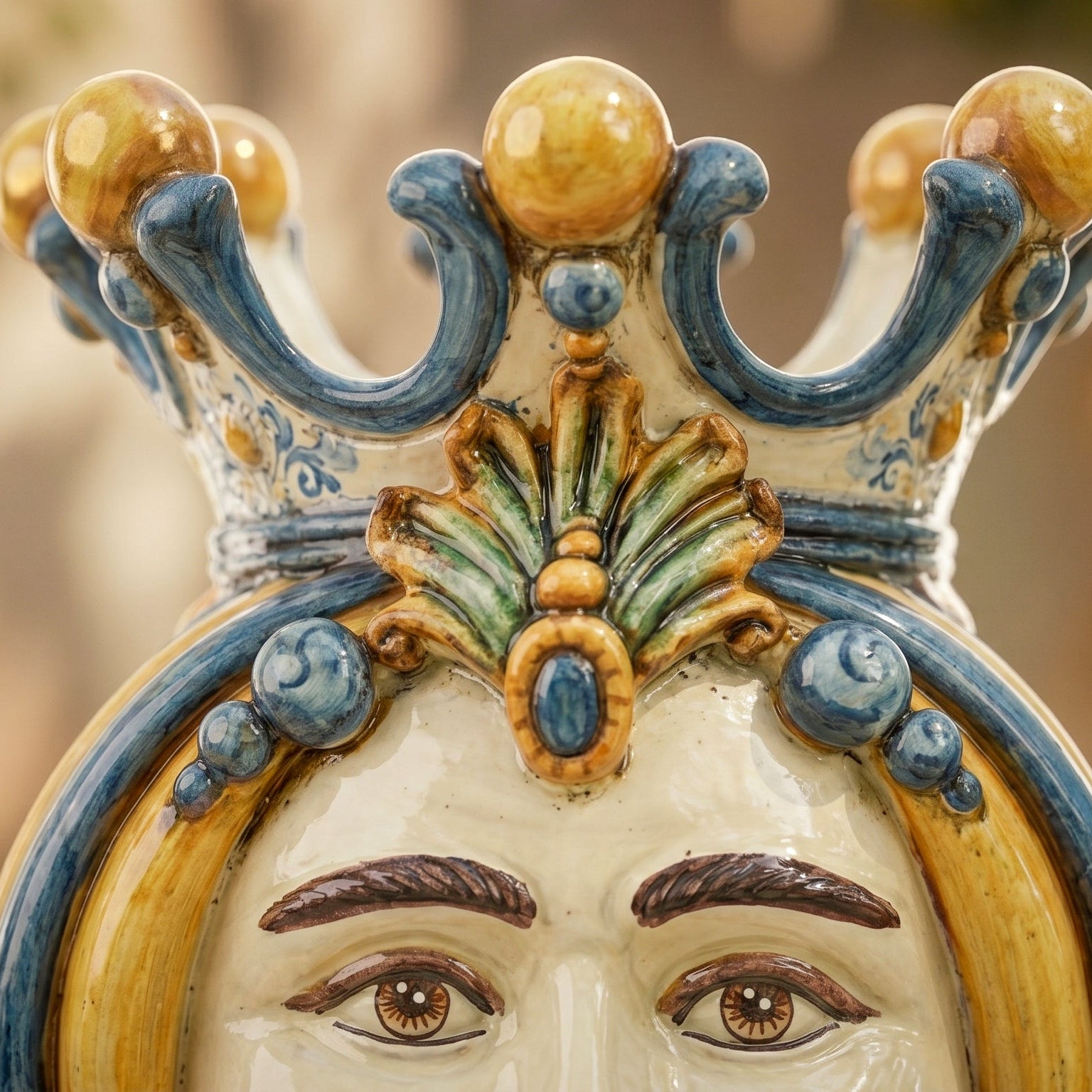 Handcrafted Teste di Moro ceramic with ornate crown, vibrant blue and gold glaze, traditional Sicilian design