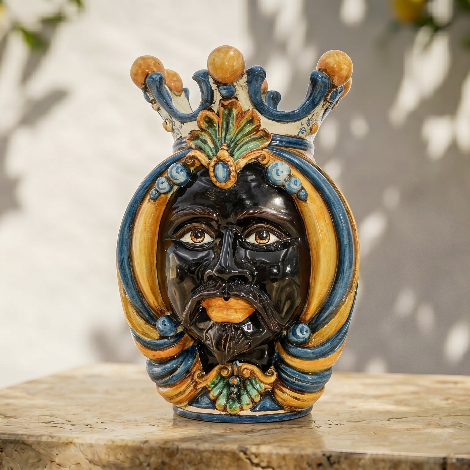 Handcrafted Teste di Moro ceramic vase with crown, vibrant blue and gold details, traditional Sicilian design
