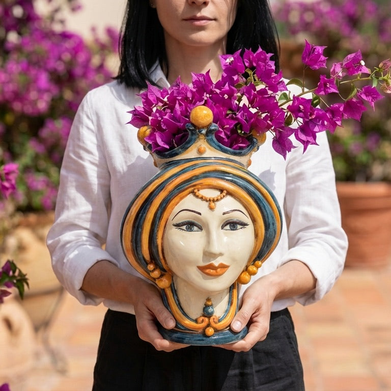 Handmade Teste di Moro vase with vibrant purple flowers, showcasing traditional Sicilian ceramic artistry.