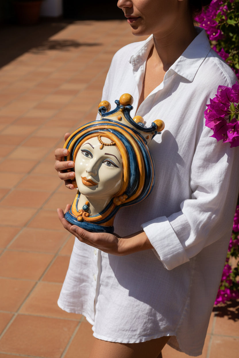 Handmade Teste di Moro ceramic head with crown, held outdoors by woman in white shirt near purple flowers